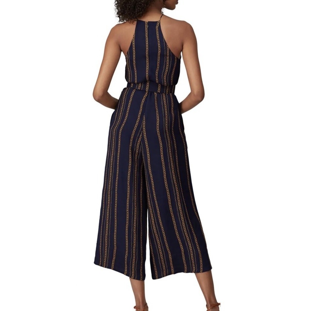 NICHOLAS US 2 Samira 100%‎ Silk Wide Leg Jumpsuit Navy Blue Gold Chain Old Money - Picture 16 of 16